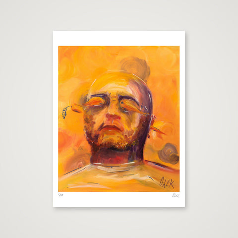 Portrait of the artist (Olek) with a carrot in his ears (and shallots in his eyes) — 60×80cm, 24×31" Print only
