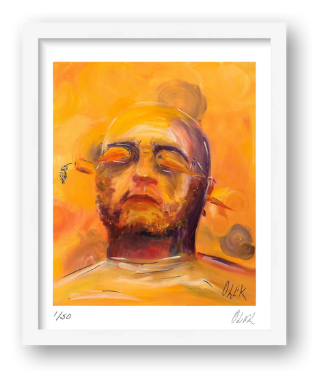 Portrait of the artist (Olek) with a carrot in his ears (and shallots in his eyes) — framed