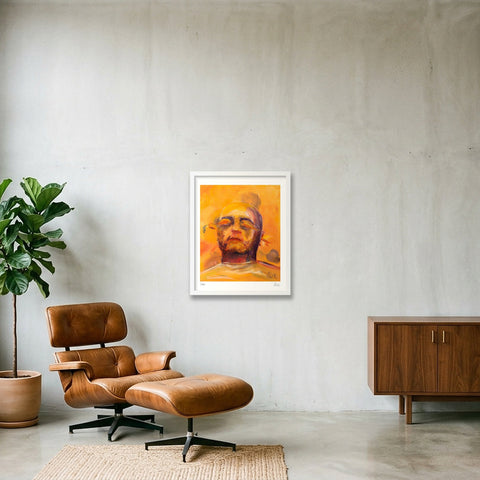 Portrait of the artist (Olek) with a carrot in his ears (and shallots in his eyes) — 40×50cm, 16×20" White Frame