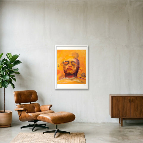 Portrait of the artist (Olek) with a carrot in his ears (and shallots in his eyes) — 60×80cm, 24×31" White Frame