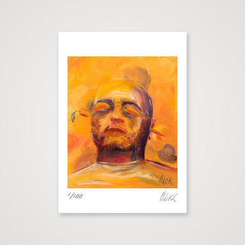 Portrait of the artist (Olek) with a carrot in his ears (and shallots in his eyes) — A4 (21×30cm, 8×12") Print only
